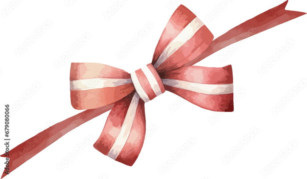 Satin red bow with white strips, on the ribbon, watercolor vector illustration and christmas element. Template for gift decoration, greeting cards, invitation, wedding card, save the date, celebration