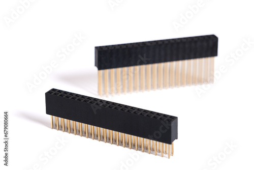40-Pin GPIO connector header isolated on white background. 2x20 pins Raspberry Pi stacking female header. Straight extra tall and small extender for PCB, HATs board