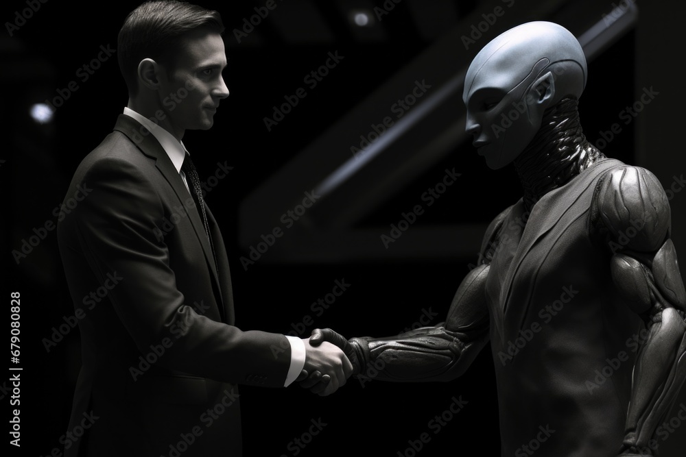 A man in a suit shaking hands with a humanoid. Generative AI. A man in a suit shaking hands with a humanoid. Generative AI.
