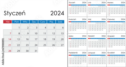 Calendar 2024 on polish language, week start on Sunday