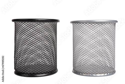 Black and gray metal pen holder isolated on white background. Empty basket paper, waste bin. Cup for pens 