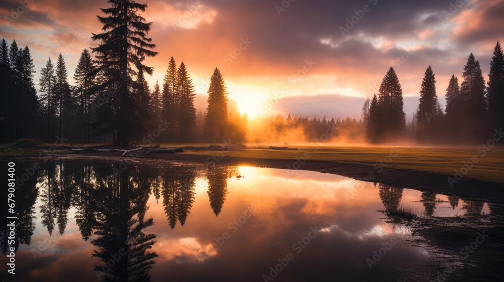 Misty Sunrise Reflections in a Forested Lake