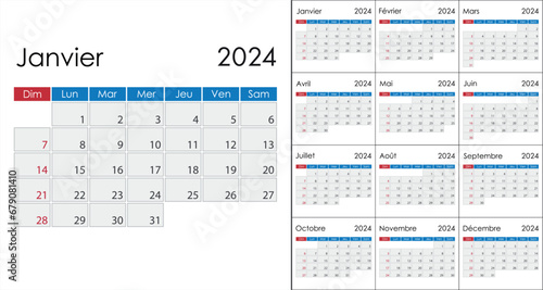 Calendar 2024 on french language, week start on Sunday