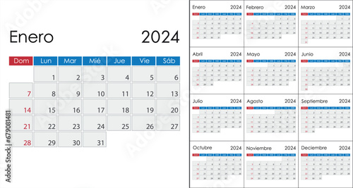 Calendar 2024 on Spanish language, week start on Sunday