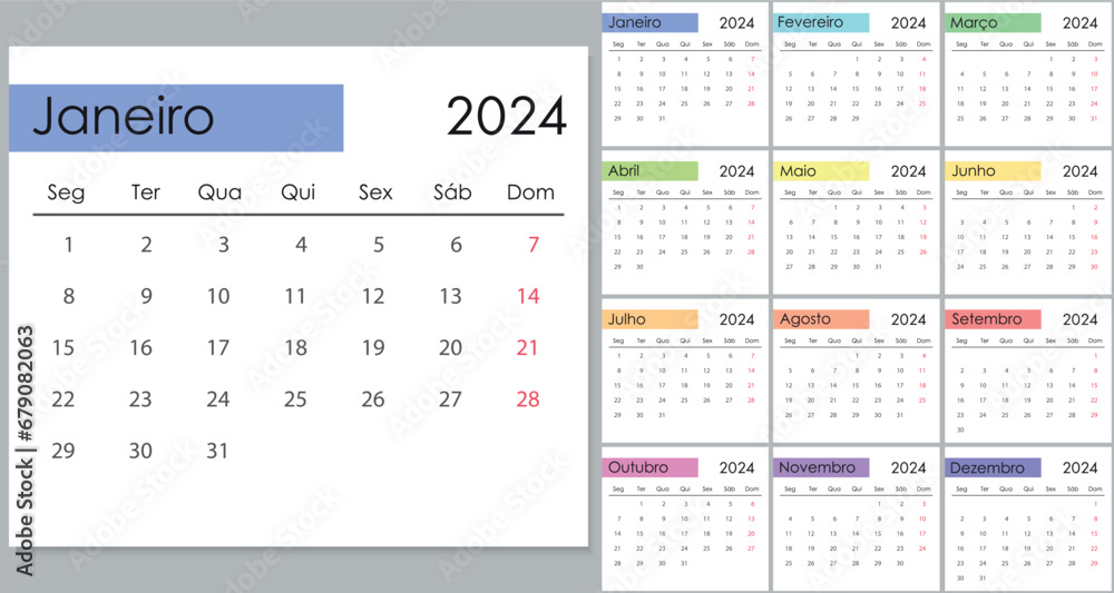 Calendar 2024 on portuguese language, week start on Monday - obrazy, fototapety, plakaty 