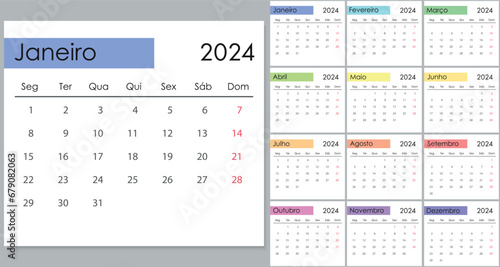 Calendar 2024 on portuguese language, week start on Monday photo