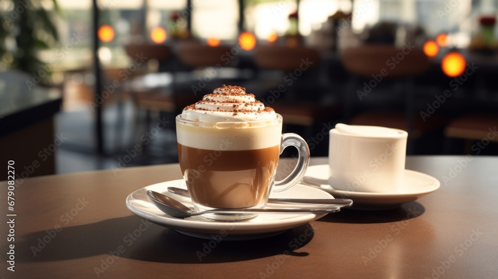 Mocca coffee with cream on top of a glass with warm coffee drink with pumpkin spice or cinnamon, whipped milk foam and chocolate in a coffee shop or restaurant free copy space Mocca coffee with cream on top of a glass with warm coffee drink with pumpkin spice or cinnamon, whipped milk foam and chocolate in a coffee shop or restaurant free copy space