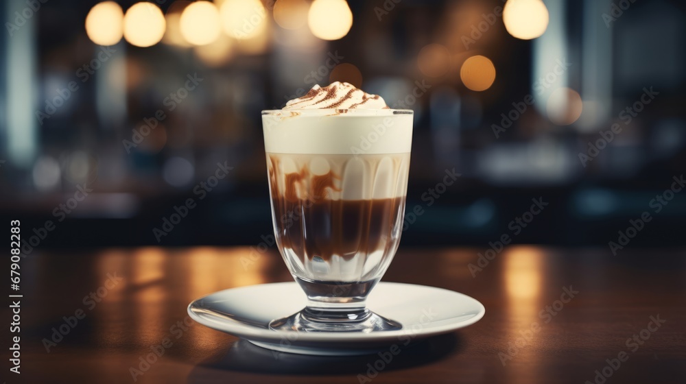 Mocca coffee with cream on top of a glass with warm coffee drink with pumpkin spice or cinnamon, whipped milk foam and chocolate in a coffee shop or restaurant free copy space Mocca coffee with cream on top of a glass with warm coffee drink with pumpkin spice or cinnamon, whipped milk foam and chocolate in a coffee shop or restaurant free copy space