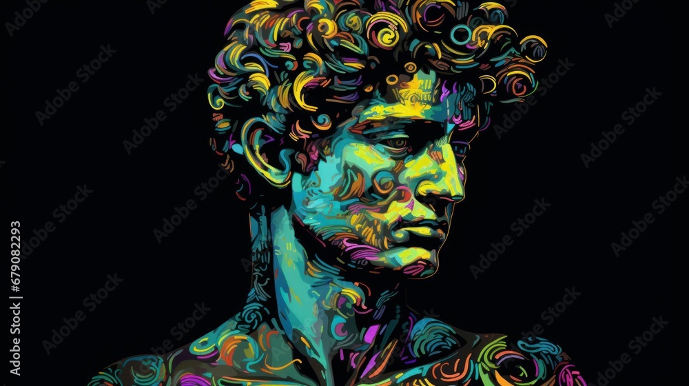David street style graphic design.Textile artwork for t-shirts.Pop art David statue, illustration isolated on black background.It is not Artificial Intelligence drawing.Greek god graffiti poster art.
