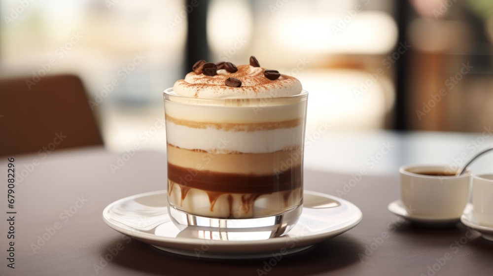 Mocca coffee with cream on top of a glass with warm coffee drink with pumpkin spice or cinnamon, whipped milk foam and chocolate in a coffee shop or restaurant free copy space Mocca coffee with cream on top of a glass with warm coffee drink with pumpkin spice or cinnamon, whipped milk foam and chocolate in a coffee shop or restaurant free copy space