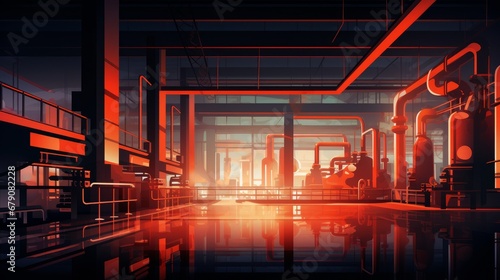 Creative illustration of factory line manufacturing industrial plant scen interior background. Art design the silhouette of the industry 4.0 zone template. Abstract concept graphic element photo