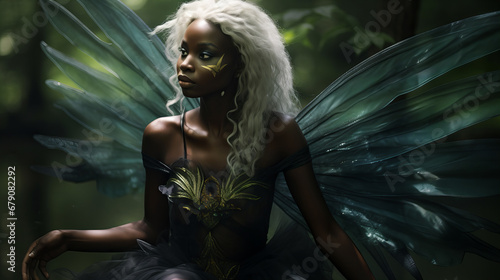 Real magical black skinned forest fairy with wings  long white hair  tulle dress  dark emerald colors  magic  fairy dust