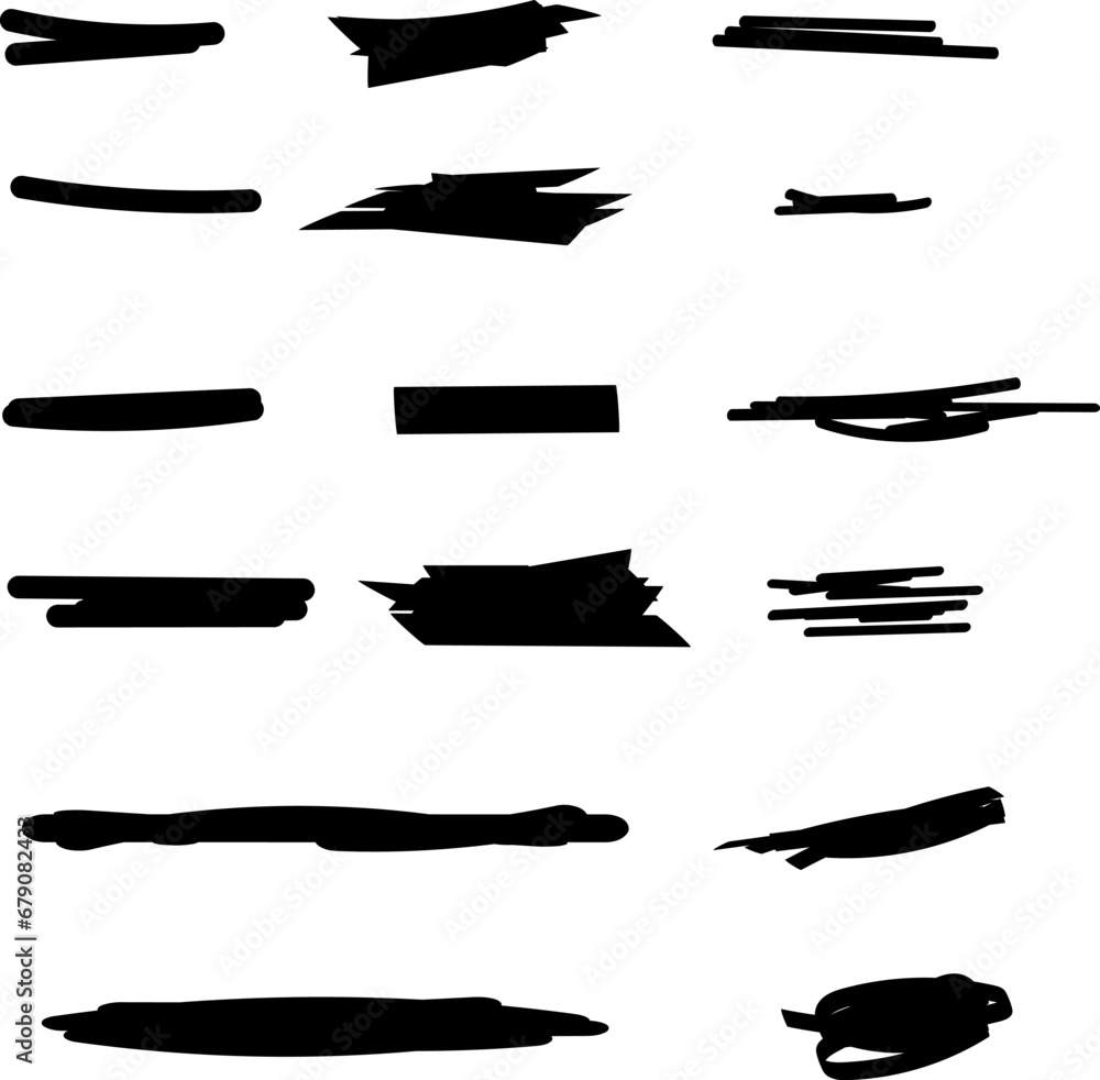 Highlighter Brush Set Hand Drawn Black Highlight Marker Stripes. Highlighter line black marker strokes lines. Highlighter underline scribbles. Paint pen handdrawn strokes. Vector illustration grunge Highlighter Brush Set Hand Drawn Black Highlight Marker Stripes. Highlighter line black marker strokes lines. Highlighter underline scribbles. Paint pen handdrawn strokes. Vector illustration grunge
