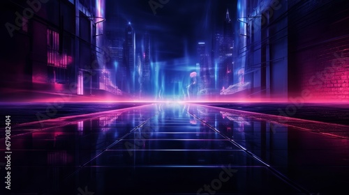 Empty background scene. Dark street reflection on the wet pavement. Rays neon light in the dark  neon figures  smoke. Night view of the street  the city. Abstract dark background. Abstract spotlight. 