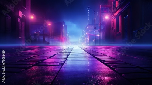 Empty background scene. Dark street reflection on the wet pavement. Rays neon light in the dark, neon figures, smoke. Night view of the street, the city. Abstract dark background. Abstract spotlight.  © Jalal