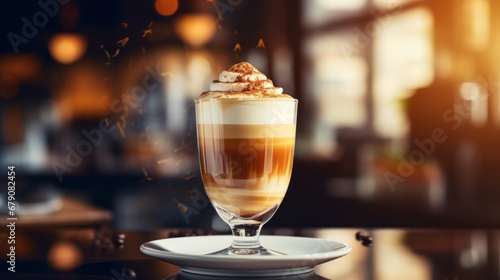Mocca coffee with cream on top of a glass with warm coffee drink with pumpkin spice or cinnamon, whipped milk foam and chocolate in a coffee shop or restaurant free copy space photo