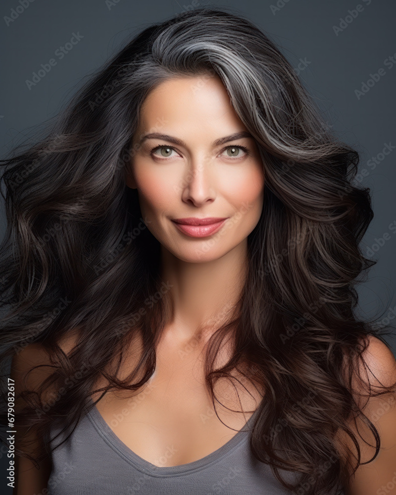 Fototapeta premium Beautiful blonde woman with beautiful curly hairstyle posing in the studio