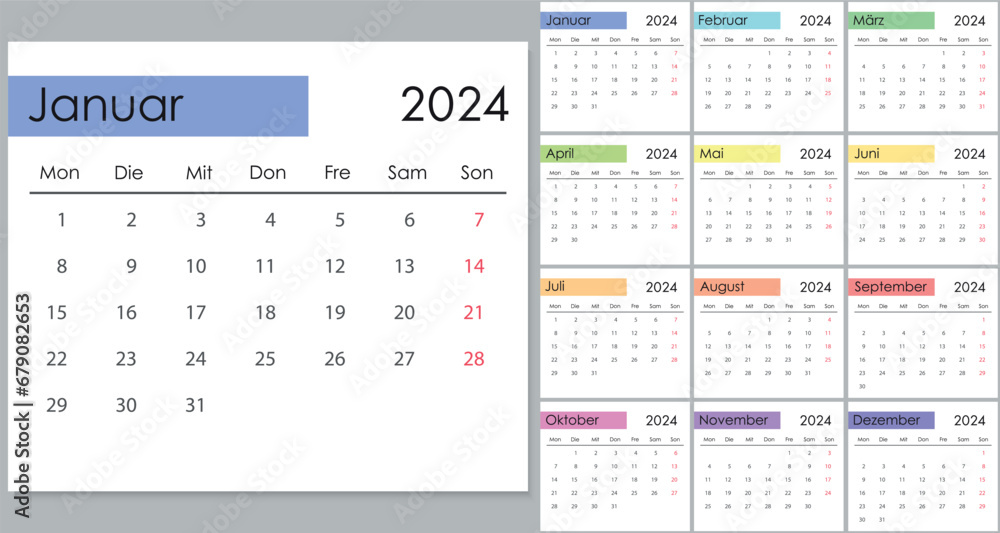 Calendar 2024 on german language, week start on Monday - obrazy, fototapety, plakaty 