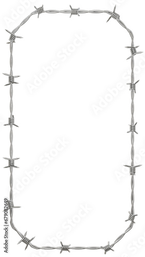 A 3D illustration depicting a vertical 9:16 rectangle frame shaped from twisted barbed wire fence., PNG, transparent background