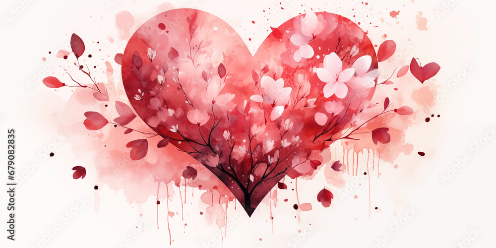 Big read heart with flower sakura on white background