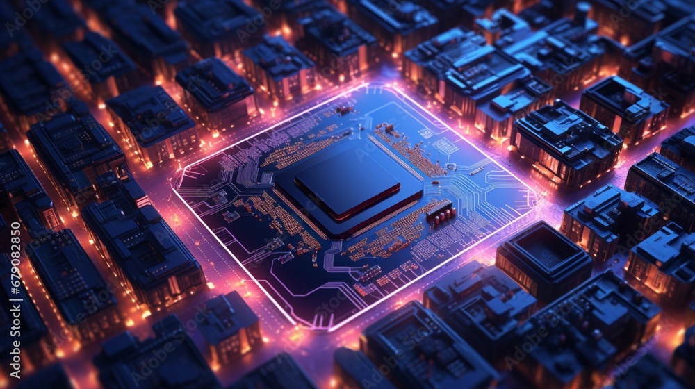 A vibrant neon microchip nestled in a complex circuit board.