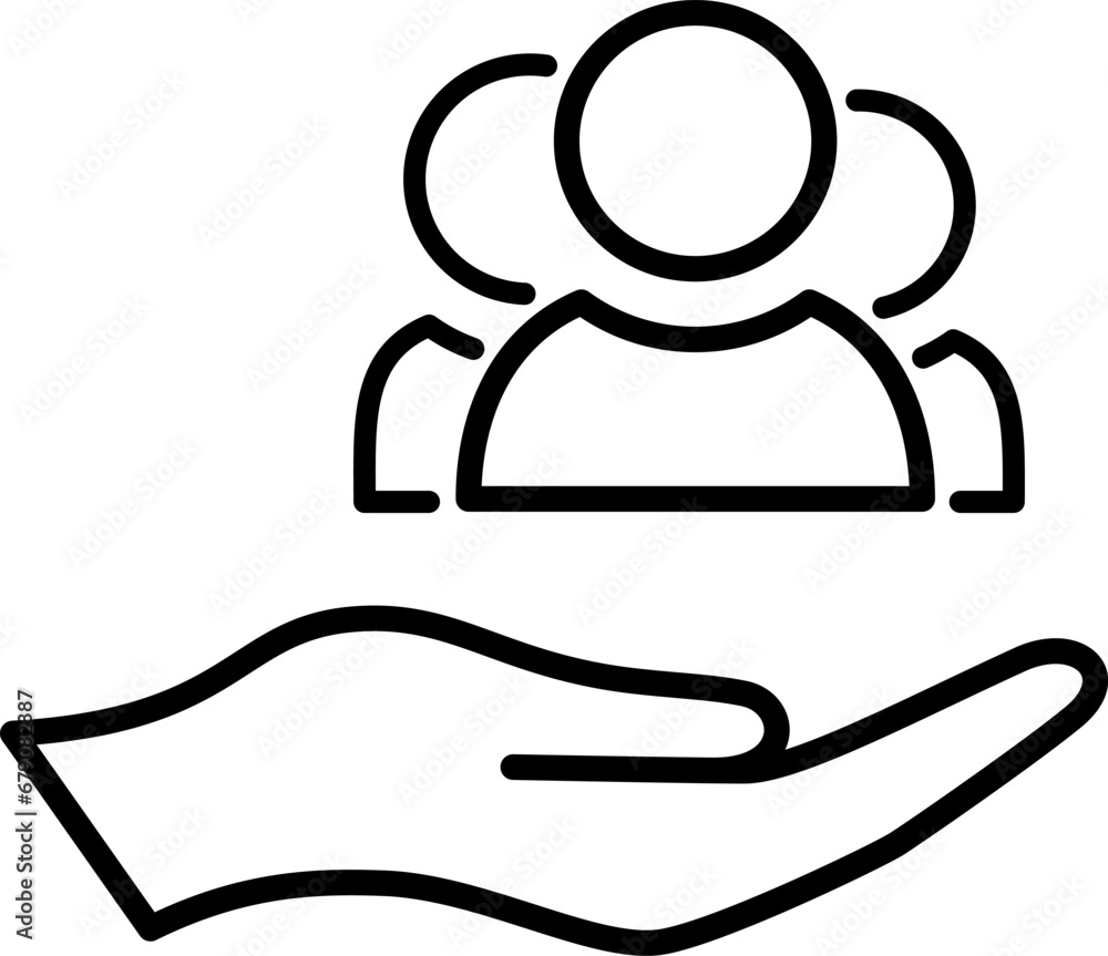 Line icon of group of people on palm as an employee protection concept Line icon of group of people on palm as an employee protection concept