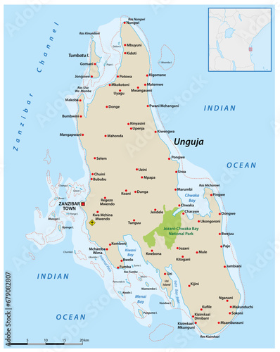Vector map of the Tanzanian island of Zanzibar