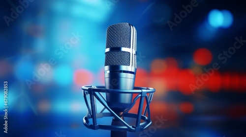 Modern studio microphone with audio waveform over blue background. Radio broadcast or podcast banner 