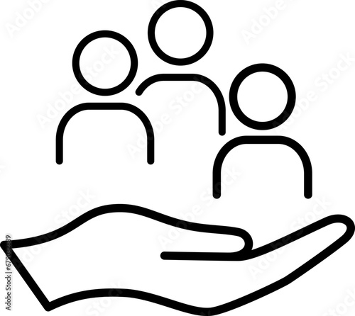 Line icon of group of people on palm as an employee protection and inclusive workplace concept