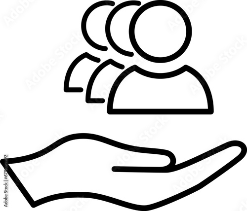 Line icon of group of people on palm as an inclusive workplace