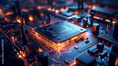 A vibrant neon microchip nestled in a complex circuit board.