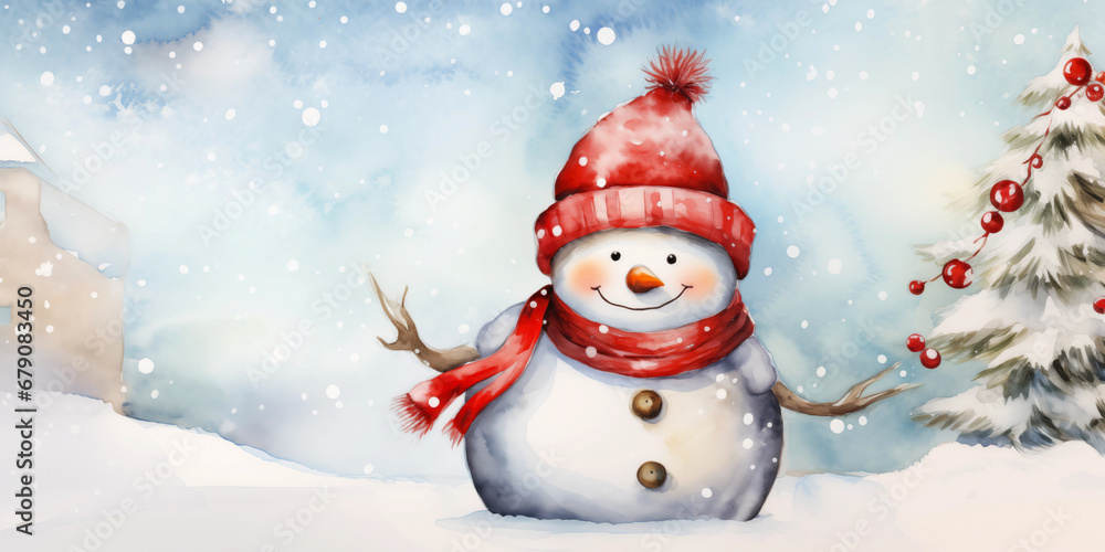 Fototapeta premium Christmas watercolor background. Christmas card. Adorable winter snowman postcard
