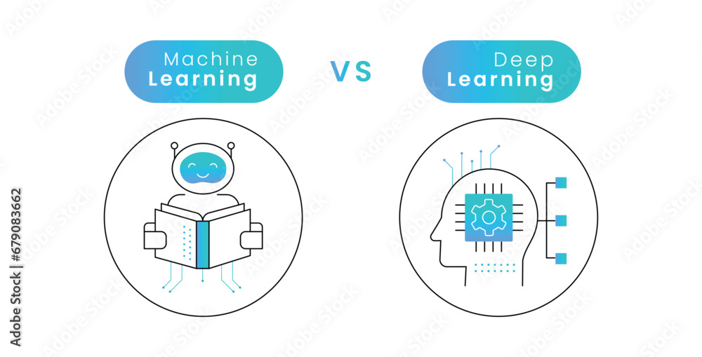 Machine Learning vs Deep Learning Vector Diagram with Editable Stroke and Colors. Machine Learning vs Deep Learning Infographic. Machine Learning vs Deep Learning Vector Diagram with Editable Stroke and Colors. Machine Learning vs Deep Learning Infographic.
