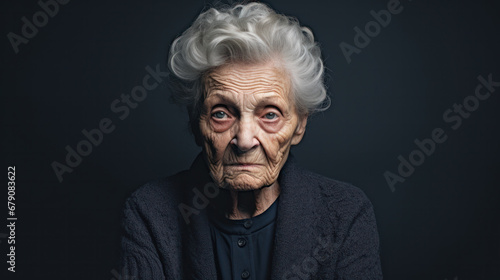 A portrait of an elderly woman with a black background