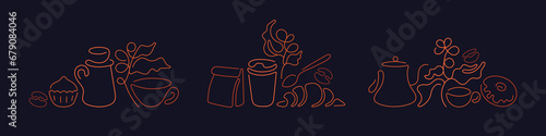 Coffee, cookie line set. Sketch cup, vector donut