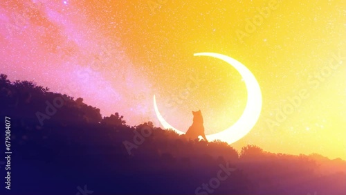 German shepherd on a green hill against hot crescent moon and starry sky photo
