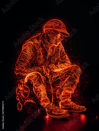 Light painting of a siting man, lightray Glow in thé dark, ai generated  photo