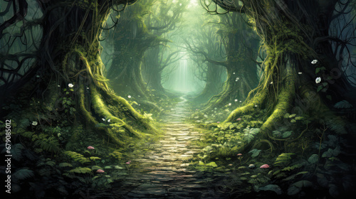 Illustration of overgrown mystical forest path background. 
