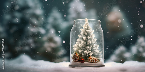 Christmas tree in a snow globe with a christmas tree on the blur background small Christmas tree in a jar  on aForest Shiny christmas tree in snow globe Ai Generative photo