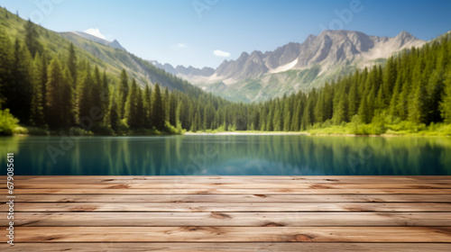 Wooden deck against mountain lake in the Alps, Austria. Collage.