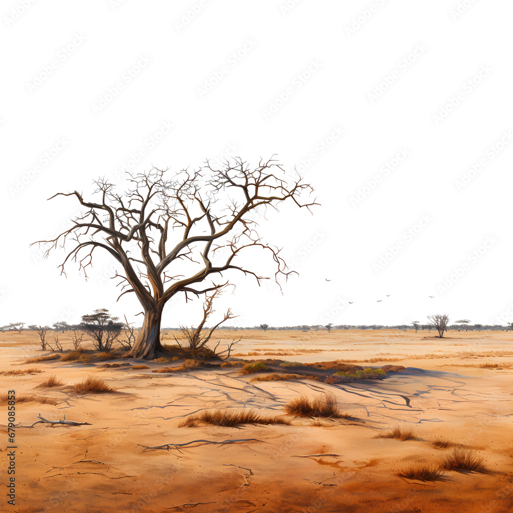 Savanna arid fields with dried tree, isolated on transparent background, png, 300 DPI Savanna arid fields with dried tree, isolated on transparent background, png, 300 DPI
