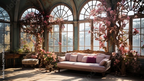 Victorian-style conservatory with ornate sofa and lush floral arrangements by expansive arched windows. © Juan