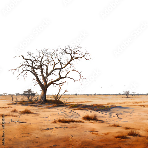 Savanna arid fields with dried tree, isolated on transparent background, png, 300 DPI