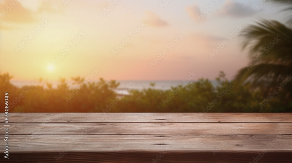 Wooden table top on nature background - can be used for display or montage your products