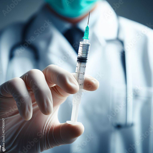 A syringe is in the hands of a doctor. Doctor gives an injection