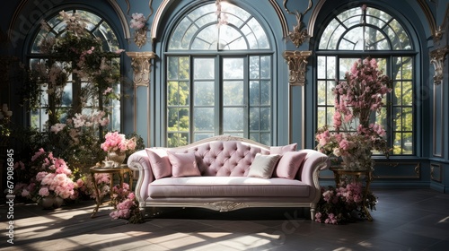 Victorian-style conservatory with ornate sofa and lush floral arrangements by expansive arched windows. © Juan
