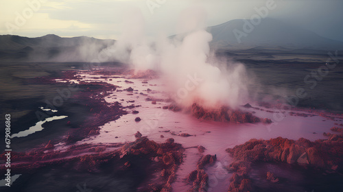 Distant ariel shot, pink geyser, Icelandic landscape, highly detailed, muted colors, chromatic aberration