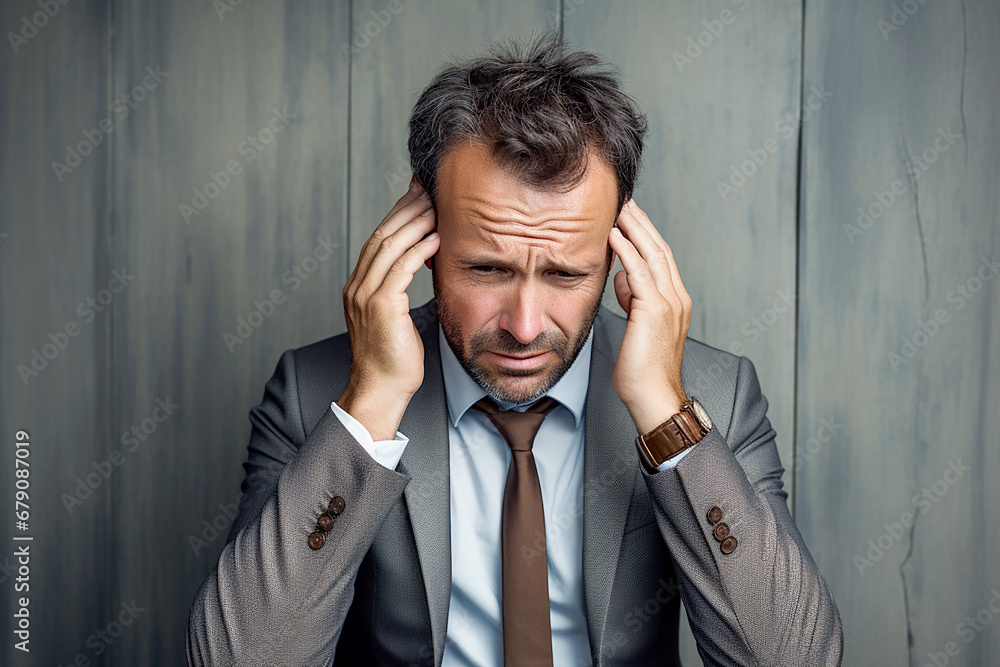 Man in suit has a headache and holds her head. Male business person has tired and holds his head in hands while working. Generative AI Man in suit has a headache and holds her head. Male business person has tired and holds his head in hands while working. Generative AI