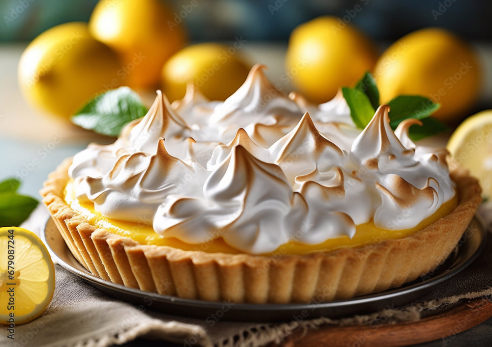 Homemade lemon meringue pie cake on table with yellow ripe lemons background.Macro.AI Generative - obrazy, fototapety, plakaty 
