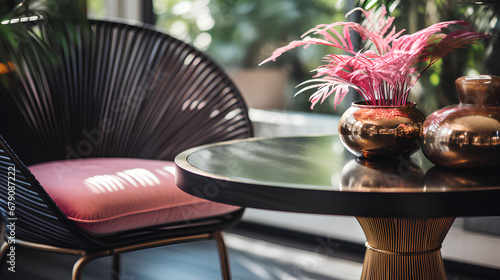 close-up of a meticulous design chair, nature-inspired, black, table with gold details, living room decor, natural lighting